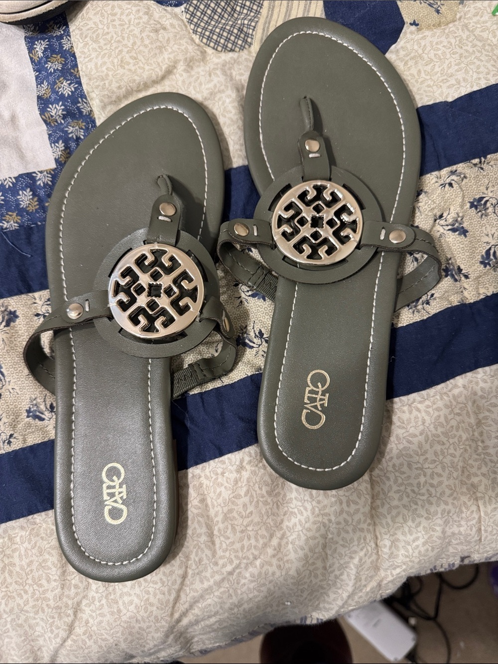 Cato Olive Green Slip-On Sandals with Silver Medallion